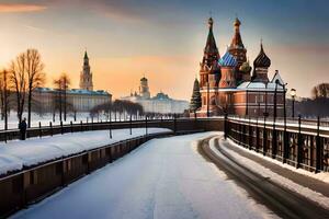 el kremlin y el rojo cuadrado en invierno. generado por ai foto