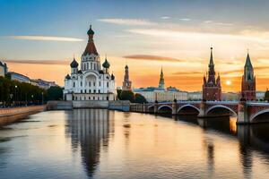 moscow, russia, kremlin, kreml river, sunset, sunset over mos. AI-Generated photo