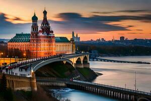 el kremlin y el río moskva a puesta de sol. generado por ai foto