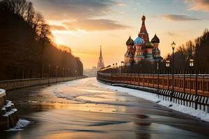 el kremlin y el rojo cuadrado a puesta de sol. generado por ai foto