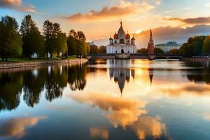 el kremlin y el kremlin río a puesta de sol. generado por ai foto