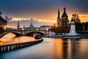 the sun sets over the moscow river and the kremlin. AI-Generated photo