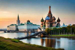 the kremlin and the moscow river at sunset. AI-Generated photo