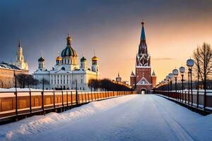 el kremlin y el kremlin puente en invierno. generado por ai foto