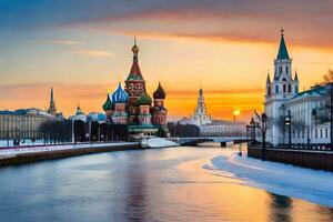el kremlin y el río Moscú a puesta de sol. generado por ai foto