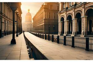 a long empty street with buildings and pillars. AI-Generated photo