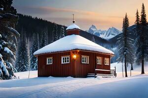 a red church is surrounded by snow in the mountains. AI-Generated photo