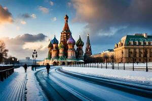 el kremlin y el rojo cuadrado en invierno. generado por ai foto