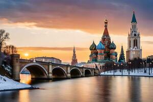 el kremlin y el río Moscú a puesta de sol. generado por ai foto