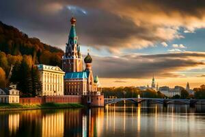 el kremlin a puesta de sol en Moscú, Rusia. generado por ai foto