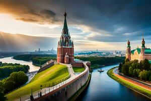 el kremlin y el Moscú río en Moscú, Rusia. generado por ai foto