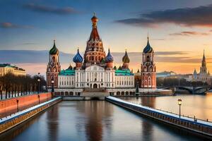 the kremlin and the moscow river at sunset. AI-Generated photo