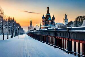 a snowy road leading to a church and a bridge. AI-Generated photo