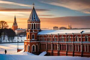 the kremlin in winter with the sun setting. AI-Generated photo