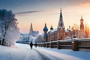 a view of the kremlin and the red square at sunset. AI-Generated photo