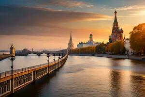 el kremlim y el río Moscú a puesta de sol. generado por ai foto