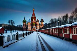 a train traveling through the snow in front of a red building. AI-Generated photo