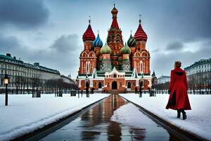 a woman in a red coat walks in front of a church. AI-Generated photo