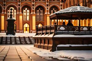 a gazebo in the snow in front of a building. AI-Generated photo