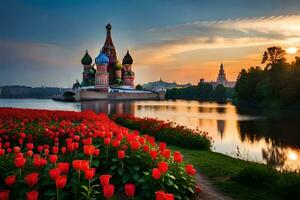 the red tulips are in bloom in front of the kremlin. AI-Generated photo