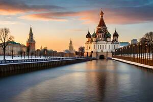 el kremlin y el kremlin río a puesta de sol. generado por ai foto