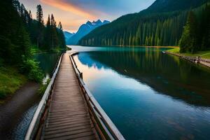 a wooden bridge leads to a lake and mountains. AI-Generated photo