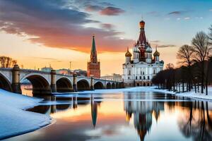 the kremlin and the river moscow at sunset. AI-Generated photo