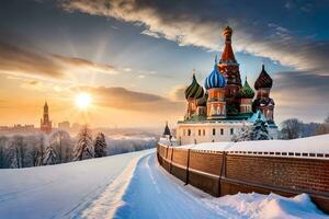 the sun rises over the kremlin in moscow, russia. AI-Generated photo