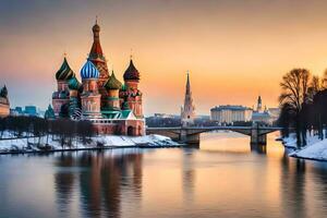 the kremlin and the moscow river at sunset. AI-Generated photo