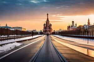 el kremlin y el rojo cuadrado a puesta de sol. generado por ai foto