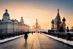 a person walking on a bridge in front of the kremlin. AI-Generated photo