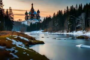 a beautiful castle sits on the banks of a river. AI-Generated photo