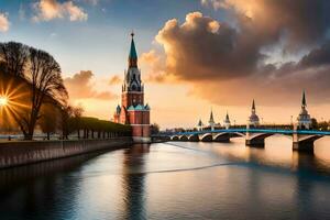 el kremlin y el río Moscú a puesta de sol. generado por ai foto