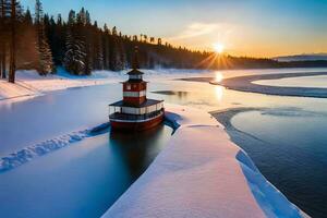 a lighthouse sits on the shore of a frozen lake. AI-Generated photo