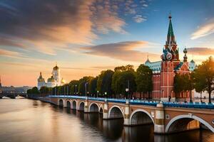 el kremlin y kremlin puente a puesta de sol. generado por ai foto