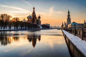 el kremlin y el Moscú río a puesta de sol. generado por ai foto