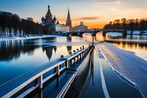 el kremlin y el Moscú río a puesta de sol. generado por ai foto