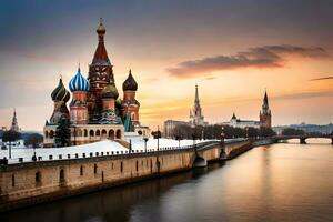 the kremlin and the moscow river at sunset. AI-Generated photo