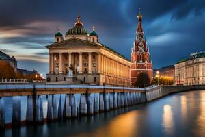 el kremlin y el kremlin puente a oscuridad. generado por ai foto