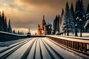 un tren pistas en frente de un castillo en el nieve. generado por ai foto