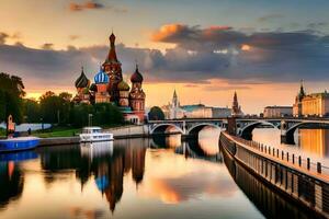 el kremlin y el Moscú río a puesta de sol. generado por ai foto