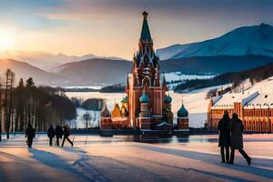 people walking in front of a church at sunset. AI-Generated photo