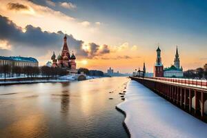 el kremlin y el Moscú río a puesta de sol. generado por ai foto