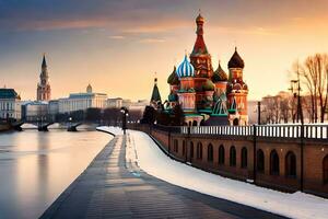 the kremlin and the moscow river at sunset. AI-Generated photo