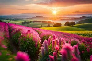 beautiful landscape with pink flowers and sun. AI-Generated photo