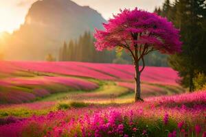 a pink tree stands in the middle of a field. AI-Generated photo