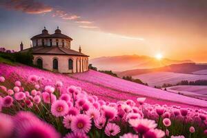 a church is in the middle of a field of pink flowers. AI-Generated photo