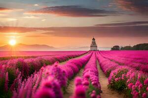 a field of pink flowers with a lighthouse in the background. AI-Generated photo
