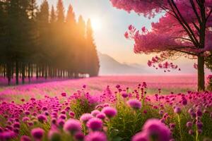 pink flowers in a field at sunset. AI-Generated photo