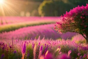 a field of purple flowers with the sun shining. AI-Generated photo